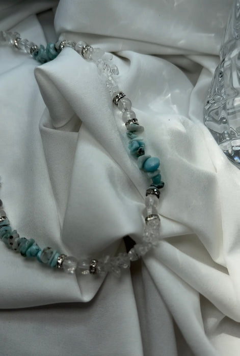 Splitterkette mit Larimar & Bergkristall 45 cm + Verlängerung