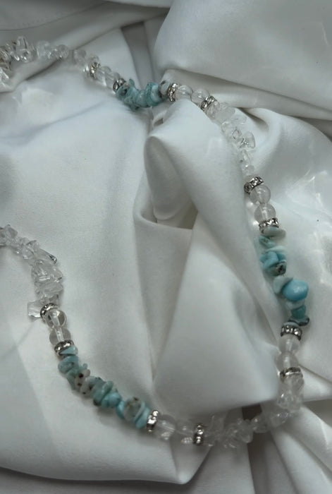 Splitterkette mit Larimar & Bergkristall 45 cm + Verlängerung