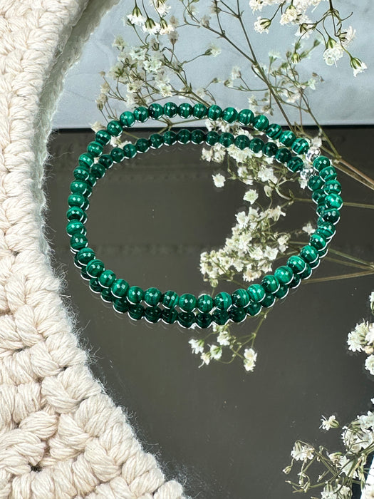 Malachit Kugelarmband mit 925er Silberperle 4 mm, 17 cm Umfang