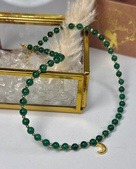 Aventurin Choker 925 Silber vergoldet – grüne Perlenkette mit Halbmondanhänger