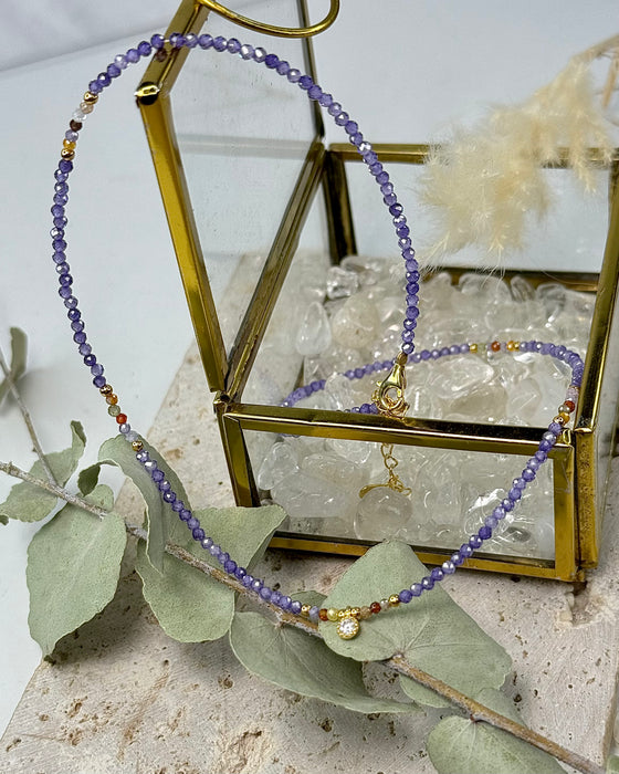 Zirkon Kette mit Zirconia und vergoldeten Silberelementen 40 bis 45 cm