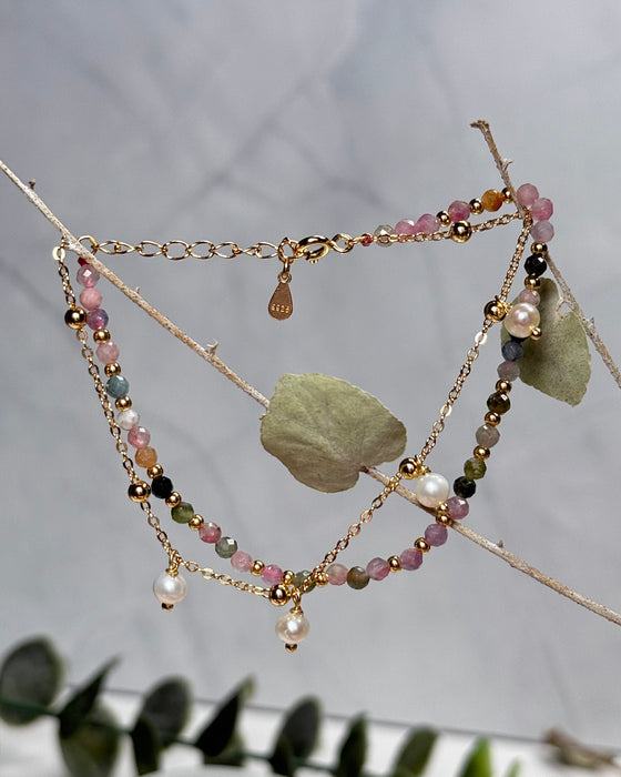 Doppelarmband – Bunter Turmalin & 925er Silber vergoldet mit Süßwasserperlen – 17 cm + Verlängerung