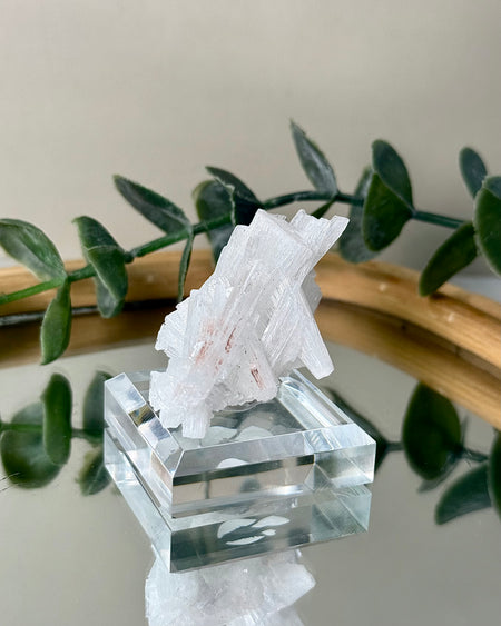 Filigraner Scolezit Naturkristall auf transparentem Präsentationssockel