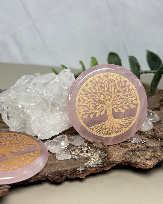 Rosenquarz Scheibenstein mit Lebensbaum-Gravur, fein poliert, Durchmesser ca. 5 cm