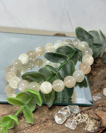 Weißes Mondstein-Kugelarmband mit 8 mm Perlen aus echtem Naturstein, glatt poliert