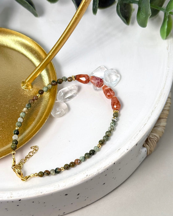 Armband Schlangenhaut Achat und Rhyolith mit vergoldeten 925 Silber Elementen