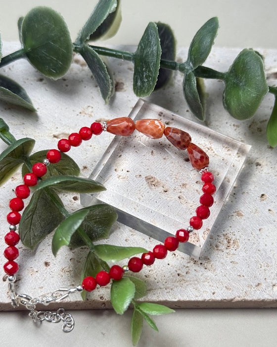 Schlangenhaut Achat Armband mit roter Bambuskoralle, 4 mm facettierte Perlen, 925 Silber