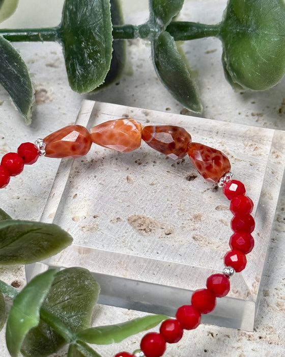 Armband mit Schlangenhaut Achat und Bambuskoralle, rote facettierte Perlen, Silber Verlängerung