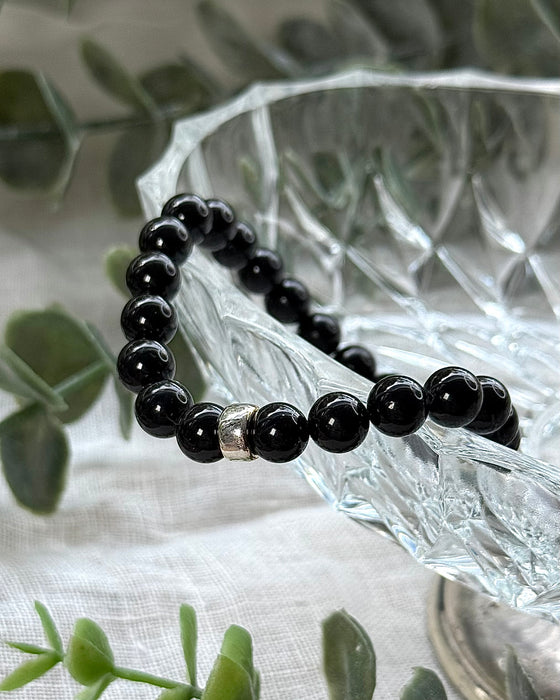 Männerarmband aus schwarzem Turmalin mit Silberperle,19cm Umfang