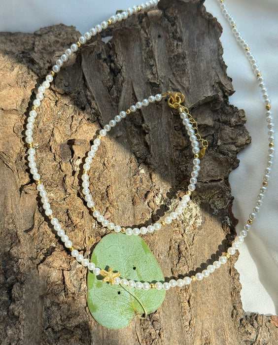 Perlenkette & Armband mit goldenen Akzenten – 925er Silber vergoldet