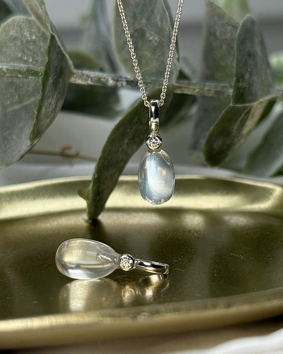 Weisser Mondstein Anhänger mit Zirkonia 925er Silberstiftöse (rhodiniert) 1cm