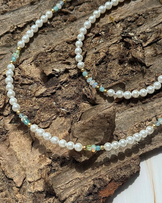 Set aus Perlenkette 45 cm & Perlenarmband 17cm– mit äthiopischem Opal, Aquamarin, Peridot & Amazonit mit 925er Silberverschluss