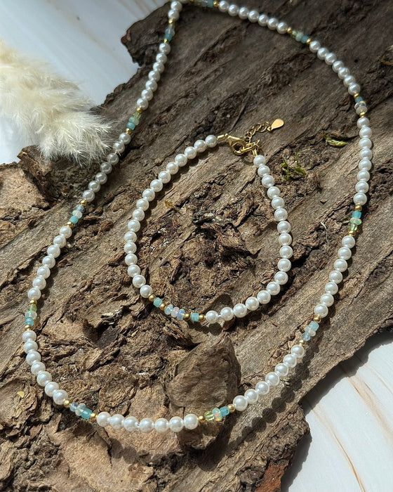 Set aus Perlenkette 45 cm & Perlenarmband 17cm– mit äthiopischem Opal, Aquamarin, Peridot & Amazonit mit 925er Silberverschluss