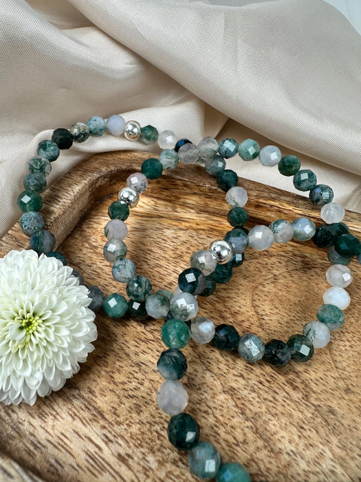 Moosachat Armband facettiert mit 925er Silberperle 6 mm, 17 cm Umfang