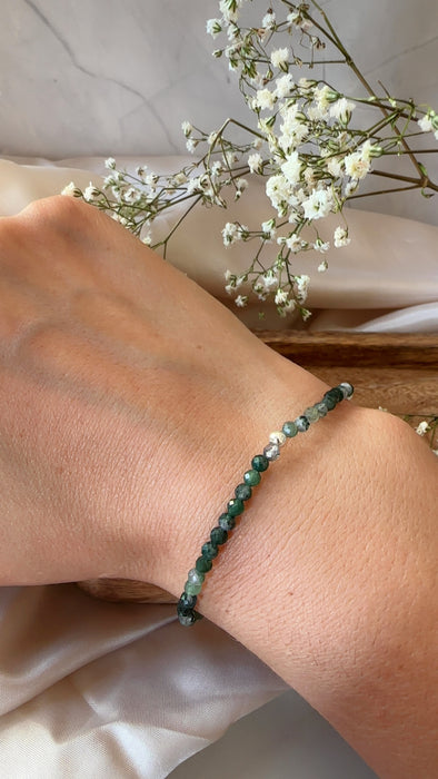 Moosachat Armband facettiert mit 925er Silberperle 4mm, 17 cm Umfang