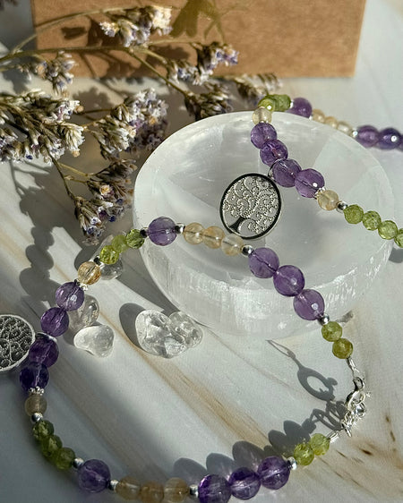 Lebensbaum-Armband mit Amethyst, Peridot und Citrin, 18 cm + 2,5 cm Verlängerung, mit 925er Silberverschluss und Lebensbaum-Anhänger