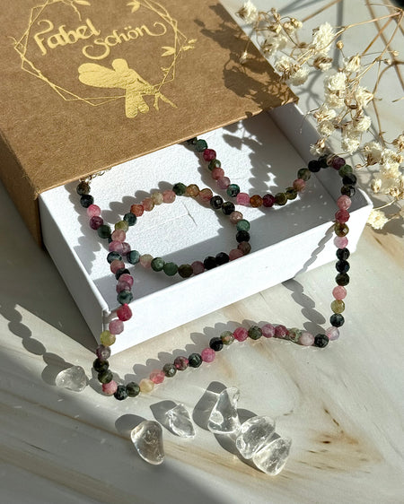 Bunte Turmalin-Kette 40 cm mit 4 mm Perlen und 925er Silberverschluss, Mineralien-Schmuck in verschiedenen Naturfarben