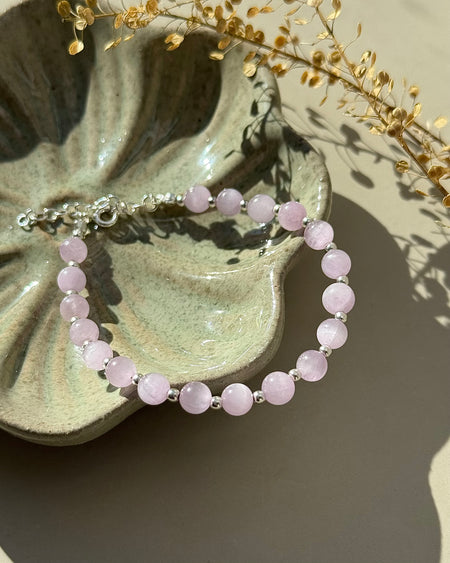 Kunzit Armband, 17 cm, mit 925er Silberelementen und Verlängerungskette.